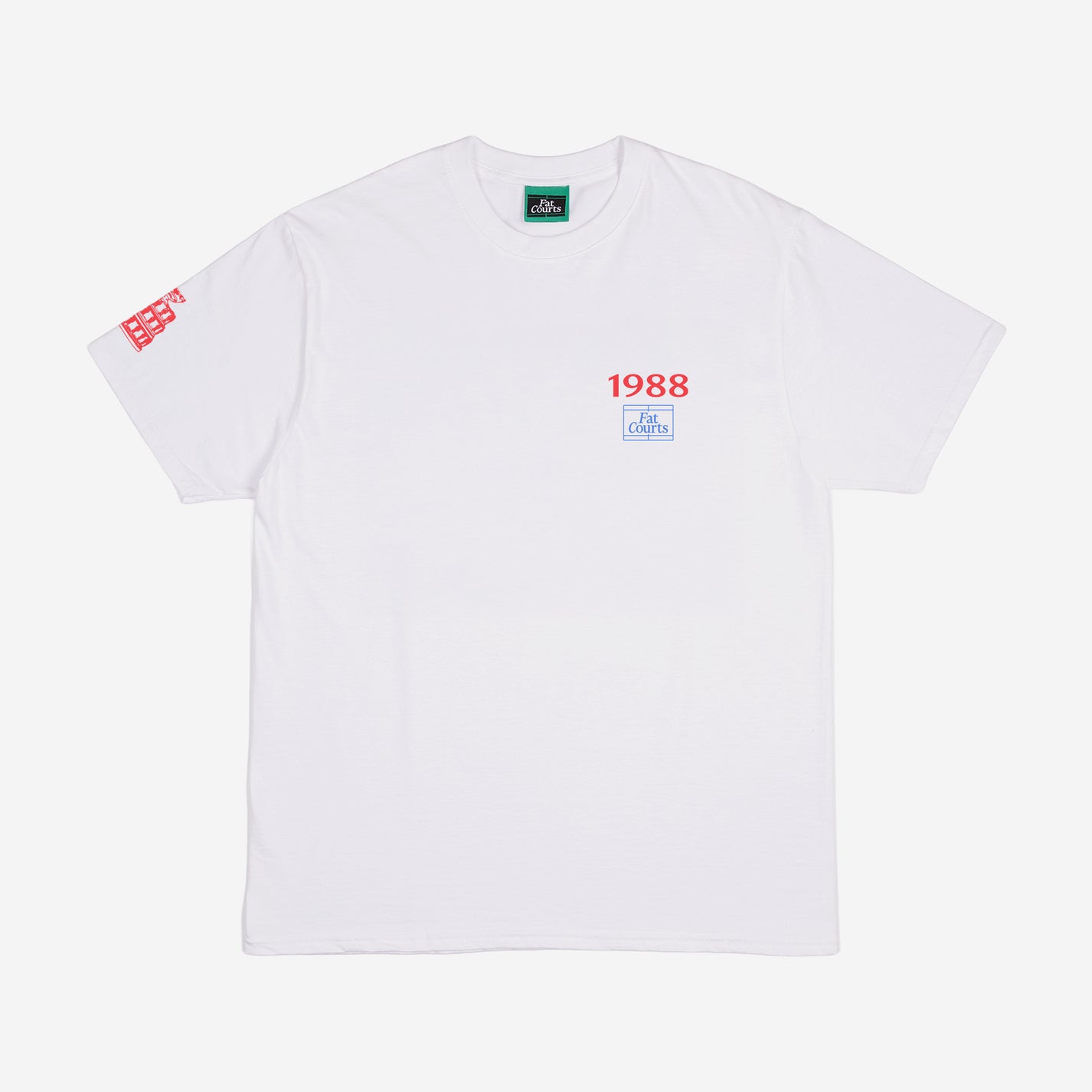 FAT COURTS Davis Cup 1988 T-Shirt White – Front view with 1988 print and FAT COURTS logo