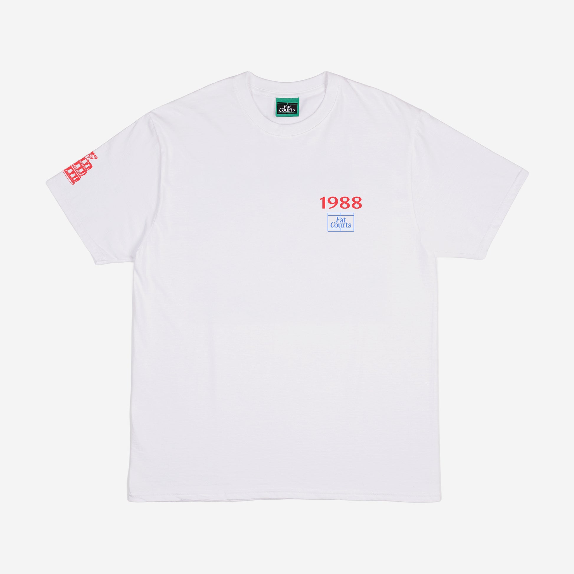FAT COURTS Davis Cup 1988 T-Shirt White – Front view with 1988 print and FAT COURTS logo