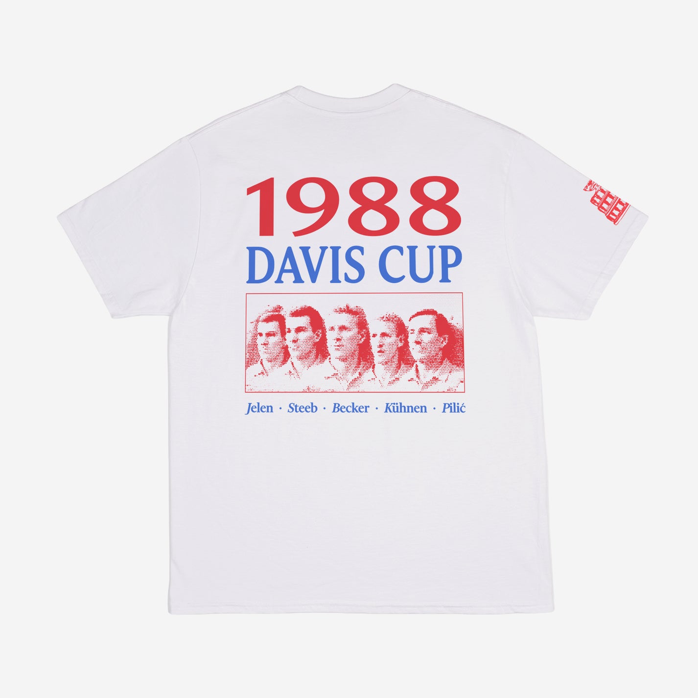 FAT COURTS Davis Cup 1988 T-Shirt – Back view with team photo Jelen, Steeb, Becker, Kühnen, Pilić