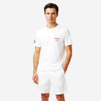 Model wearing FAT COURTS Davis Cup 1988 T-Shirt White – Front view