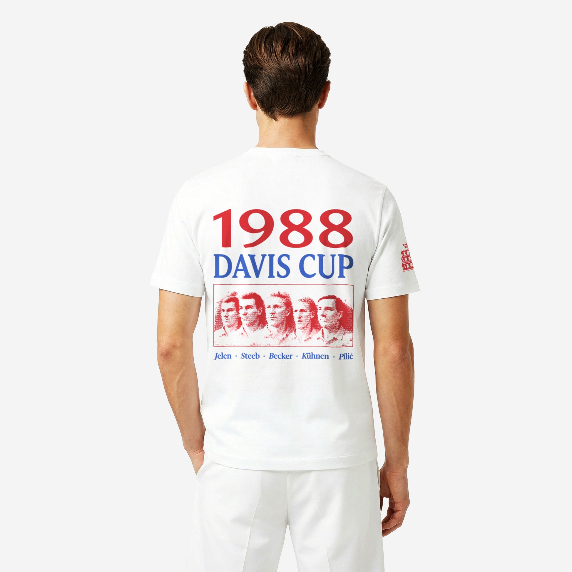 Model wearing FAT COURTS Davis Cup 1988 T-Shirt – Back view with 1988 Davis Cup backprint